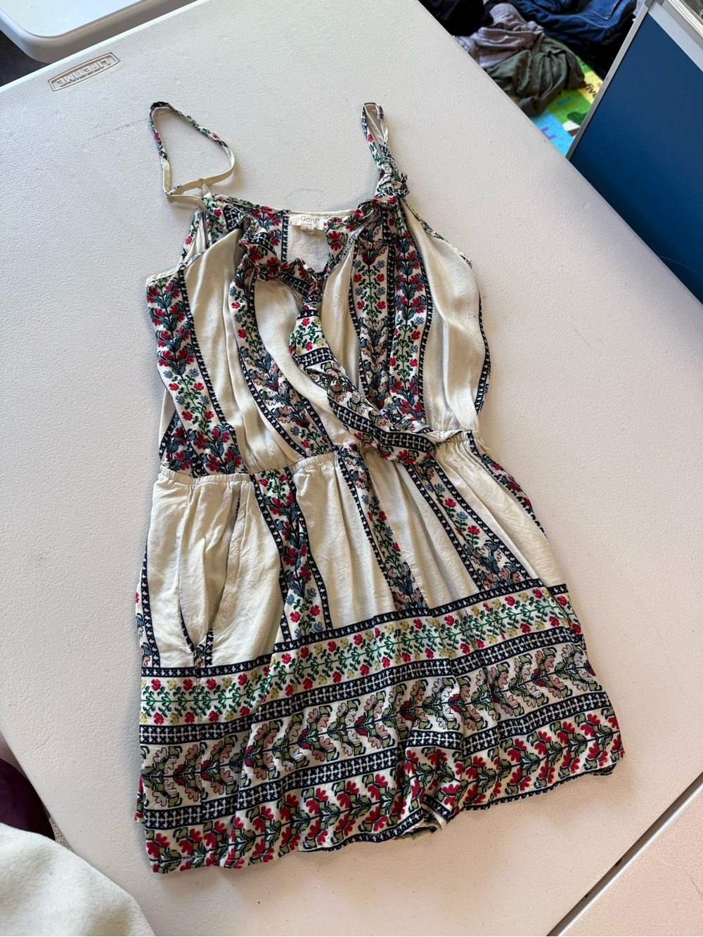 Cream Floral Print Striped Romper with Adjustable Straps